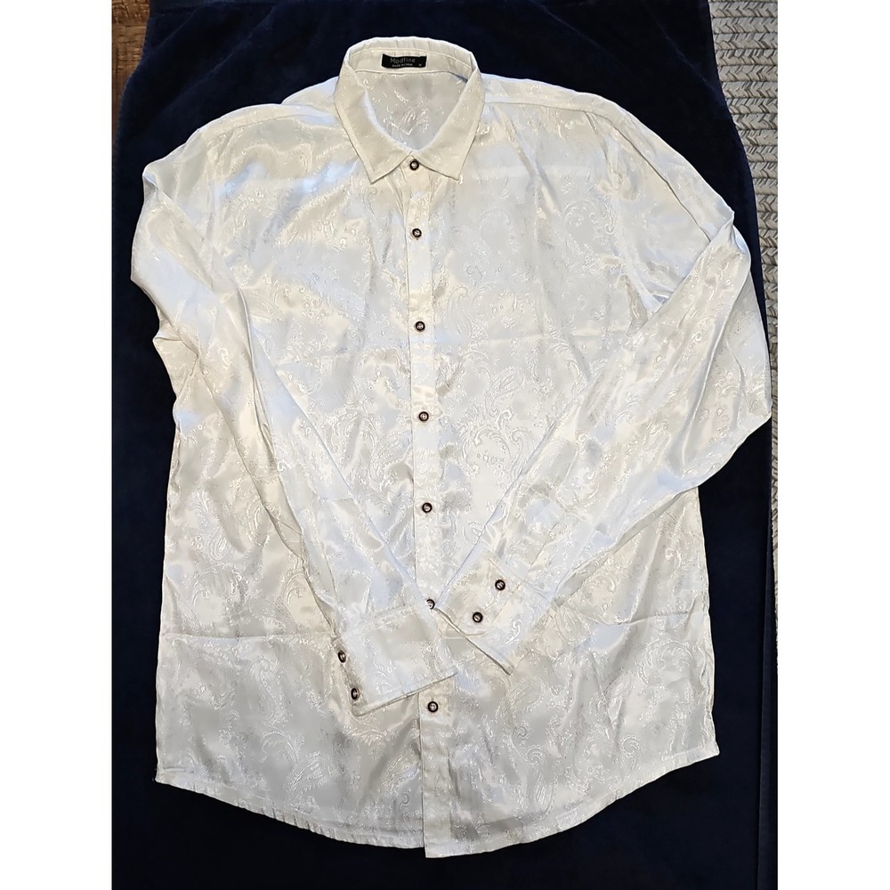 Modfine Women's White Paisley Jacquard Button Front Shirt Satin Sheen Long Sleev